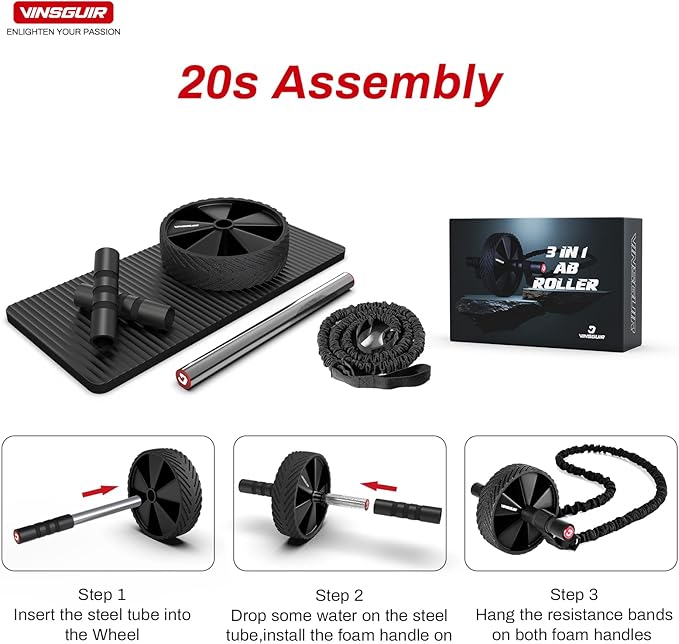 Vinsguir Ab Roller Wheel Kit- Ab workout equipment with Resistance Bands & Knee Mat，Exercise Roller for Core Strength Training & Home Gym Fitness, Abdominal Carver Machine for Men & Women