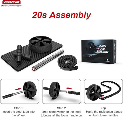 Vinsguir Ab Roller Wheel Kit- Ab workout equipment with Resistance Bands & Knee Mat，Exercise Roller for Core Strength Training & Home Gym Fitness, Abdominal Carver Machine for Men & Women