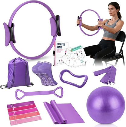 Pilates Kit for Women Pilates Equipment Ring and Ball Set Magic Circle Hoop with 5 Resistance Bands Compact Toning Fitness Essentials Starter Set Accessories with Exercise Guide