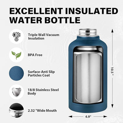Insulated Water Bottle 64 oz, Triple Wall Vacuum Stainless Steel Water Bottles (Cold for 48 Hrs), Leak Proof & Non-BPA, Half Gallon Water Flask Jug Wide Mouth Straw Lid & Spout Lid