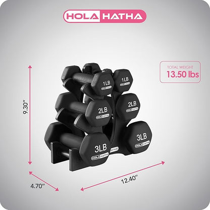 HolaHatha 2, 3, 5, 8, and 10 Pound Neoprene Dumbbell Free Hand Weight Set with Rack, Ideal for Home Exercises to Gain Tone and Definition, Pastel