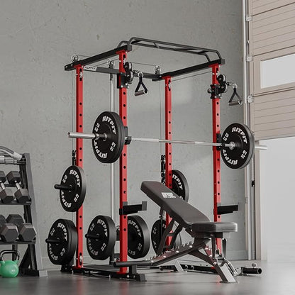 RitFit Multi-Function Garage & Home Gym Package Includes 1200LBS Power Cage PPC03/P3 with Cable Crossover System, Weight Bench, Olympic Barbell Weight Set, Full Body Workout