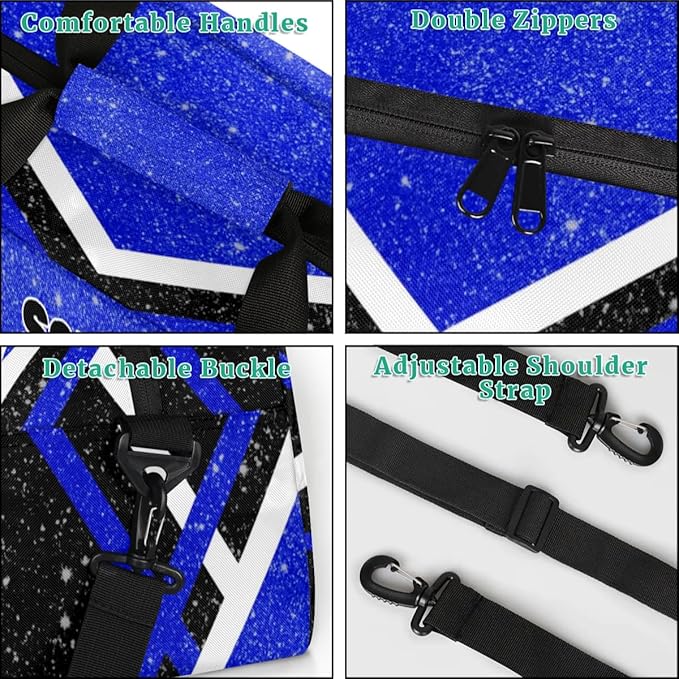 Personalized Cheer Duffle Bag - Customized Travel Overnight Weekender Bag for Cheerleaders - Royal Blue with Glitters Effect
