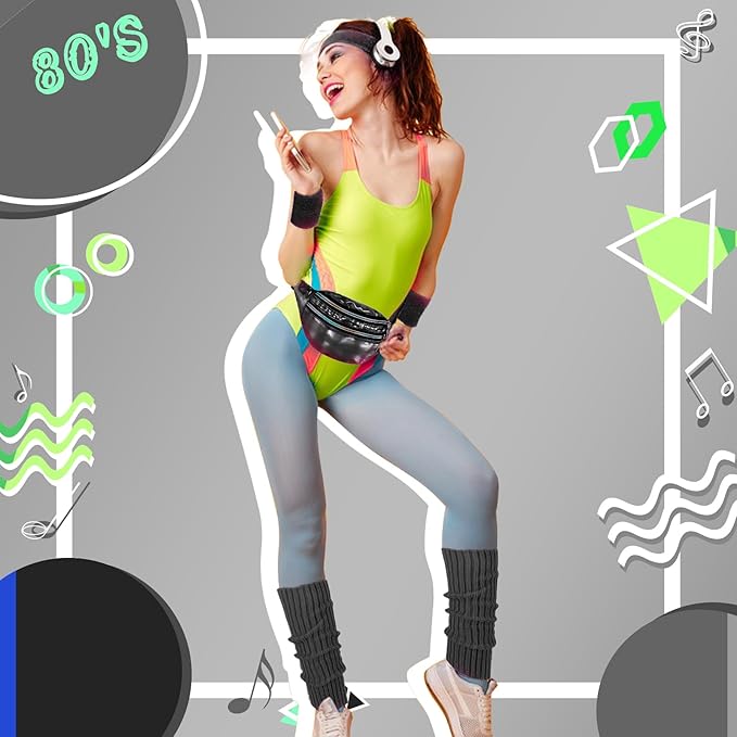 80s Neon Workout Costume Accessories Set 10 PCS Leg Warmers for Women 80s Headband Wristband Fanny Pack for Yoga Running