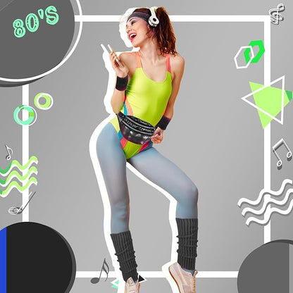 80s Neon Workout Costume Accessories Set 10 PCS Leg Warmers for Women 80s Headband Wristband Fanny Pack for Yoga Running