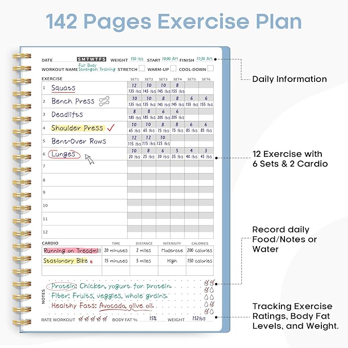 Fitness Workout Journal for Women & Men, A5(5.5" x 8.2") Workout Log Book Planner for Tracking, Progress, and Achieving Your Wellness Goals-Sky Blue