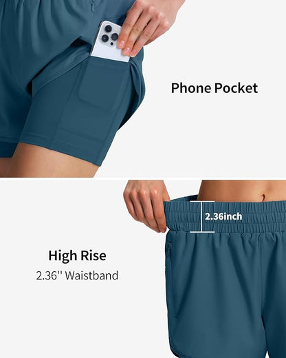 Ksmien Women's 2 in 1 Running Shorts Quick Dry Athletic Gym Workout Shorts with Liner Phone Pockets