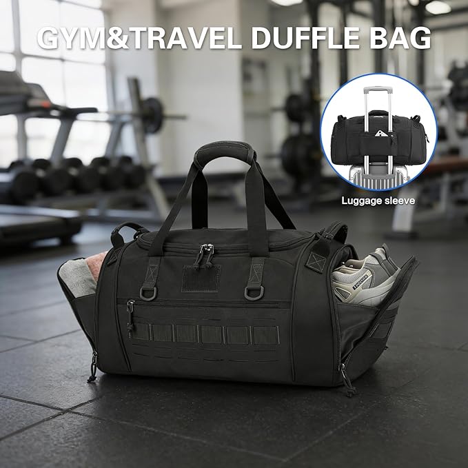 Gym Bag for Men Women 45L Sports Duffle Bag for Travel Tactical Military Duffel Bag with Shoe & Laptop Compartment Lightweight Medium Weekender Travel Bags for Fitness Training Workout, Black