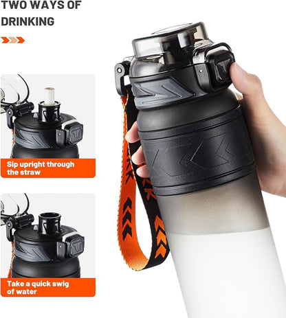 TKK Sports Water Bottles with Removable Straw 34 oz Leak-proof Flip Top Lid BPA Free Tritan Bottles with Strap for School, Fitness, Gym, Outdoor, Black-White