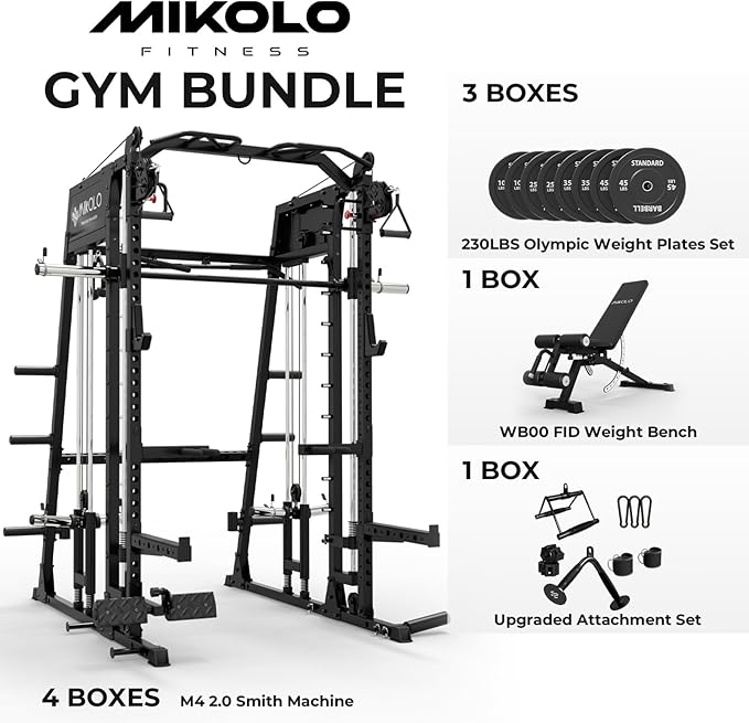 Mikolo M4 2.0 Smith Machine, 2200lbs Squat Rack with LAT-Pull Down System & Cable Crossover Machine, Training Equipment with Leg Hold-Down Attachment