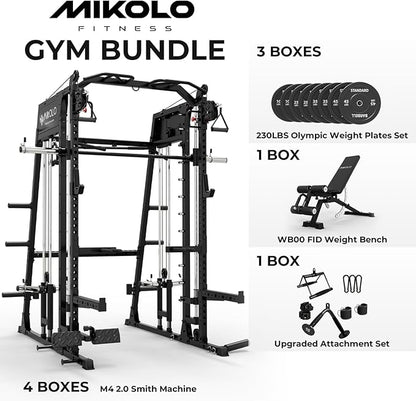 Mikolo M4 2.0 Smith Machine, 2200lbs Squat Rack with LAT-Pull Down System & Cable Crossover Machine, Training Equipment with Leg Hold-Down Attachment