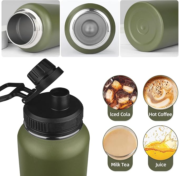 MEZMUT Insulated Water Bottle with Straw&2 Lids 40oz Stainless Steel Water Bottles Sports Metal Water Bottle Double Walled Vacuum Insulated Bottles Cups Leak-Proof Travel Cup (Army Green)