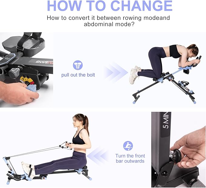 TOUSAINS 3 in 1 Adjustable AB Machine for Stomach Workout with 3 Heights, Foldable Rowing Machine for Home Gym with Comfortable seat & LCD Display Monitor, 265lbs Weight Capacity