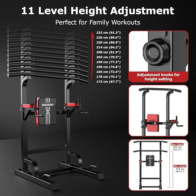 Power Tower Dip Station Pull Up Bar for Fitness Home Gym Workout,Multi-Function Adjustable Height Fitness Strength Training Exercise Equipment,with Power Elastic Ropes (Black S01)