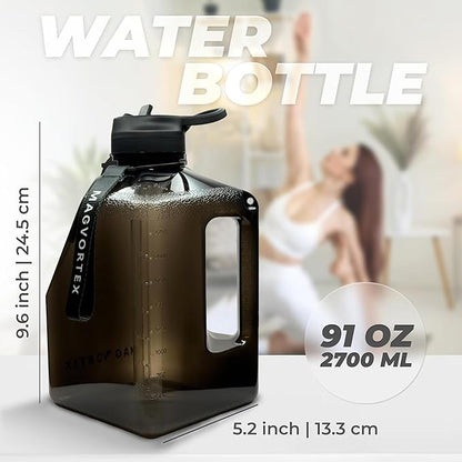 91oz Gym Daily Water Bottle – Large BPA-Free PETG Jug with Magnetic Phone Mount (Plate Included), Leakproof Flip-Top Lid, Wide Mouth for Ice, Straw, Carry Strap, Stable Base, Time Marker