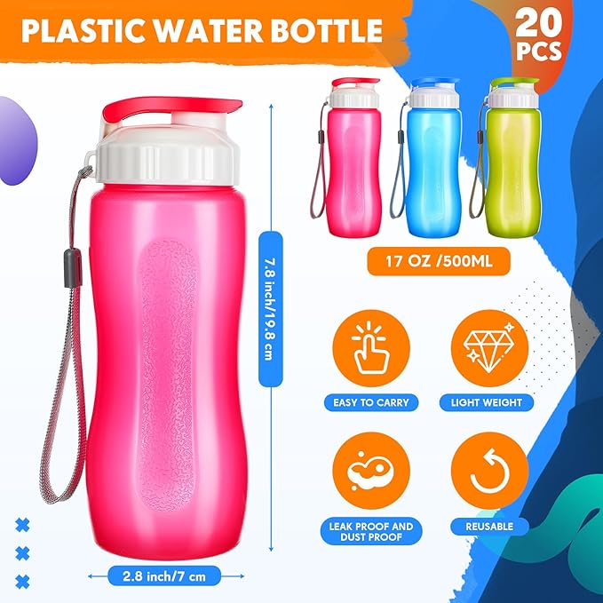 Rtteri 20 Pcs Water Bottle 17 oz Plastic Leakproof Drink Flip Top with Handle Strap, Multicolor Sports Bulk for Cycling Camping Hiking Gym Yoga Fitness
