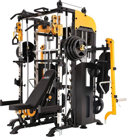 Altas Strength 3061B Smith Machine with Adjustable Lever Arms, 2:1 Pulley Ratio All-in-One Home Gym System, Commercial Grade Squat Rack with Dual 440lbs Weight Stacks & Attachment (Safe Solo Training)