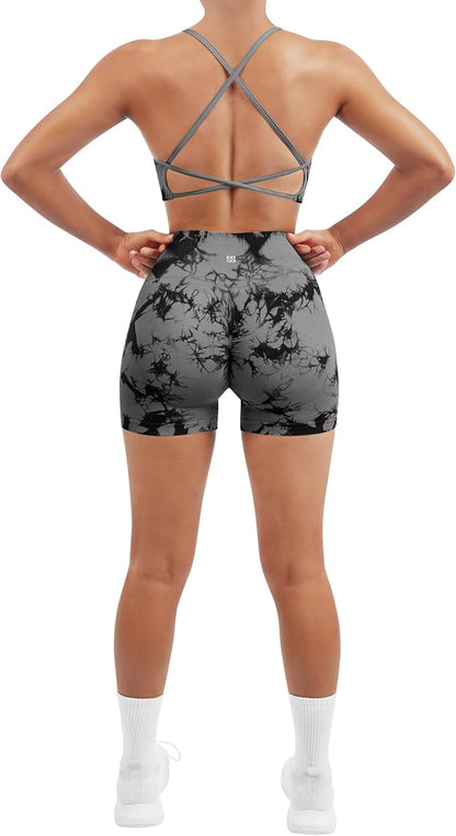 SUUKSESS Women Seamless Workout Sets Strappy Sports Bra High Waist Booty Shorts Outfits