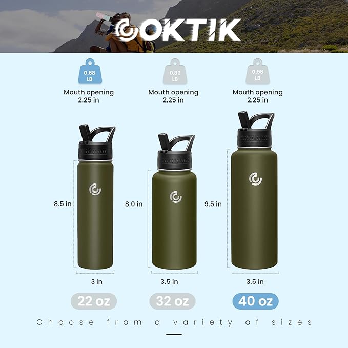 COKTIK 40oz Sports Water Bottle, Stainless Steel Water Bottle for Insulated, Reusable Travel Bottle, With Straw, With Handle Grip for Easy Carrying, Suitable for Cycling, Outdoor Vacations(Army Green)