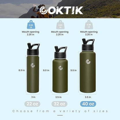 COKTIK 40oz Sports Water Bottle, Stainless Steel Water Bottle for Insulated, Reusable Travel Bottle, With Straw, With Handle Grip for Easy Carrying, Suitable for Cycling, Outdoor Vacations(Army Green)