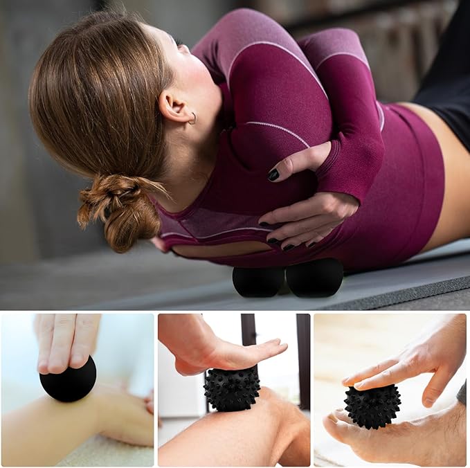 Massage Lacrosse Ball, Spiky Massage Ball, for Deep Tissue, Trigger Point and Myofascial Release, Muscle Knots, and Yoga Therapy (Black-Black)