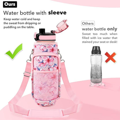 32 oz Water Bottles with Straw & Strap, Motivational Water Bottles with Times to Drink, BPA Free Reusable Sports Water Bottle with Sleeve Carrier for Hiking, Travel, Running or Fitness