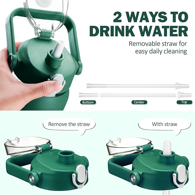kytffu 64oz Glass Water Bottles with Straw, Half Gallon Motivational Glass Bottle with Silicone Sleeve and Time Marker, 2L Leakproof Large Glass Water Jug for Gym Home Office, Ink Green