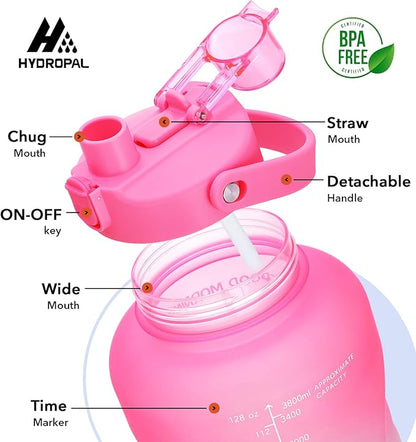 HydroPal 1 Gallon Water Bottles with Straw, 128 oz Water Bottle BPA Free Innovative 2-IN-1 Lid Gym Bottle with Times to Drink Motivational, Large for Sports Fitness Camping Water Jug （13.8X5.5 inch）