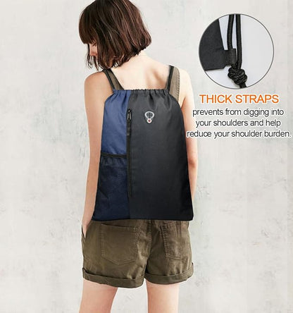 BeeGreen Drawstring Backpack Sports Gym Bag for Women Men Large Cinch Sackpack with 2 Zipper Pockets and Water Bottle Mesh Pockets Black Navy