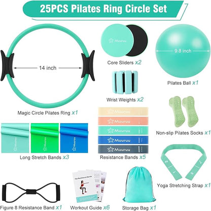 Pilates Equipment Kit for Home Workout, Pilates Ring and Ball Set for Women, 14'' Magic Circle Essentials Accessories Kit, Wrist Weights, Resistance Bands, Yoga Strap, Socks, Bag