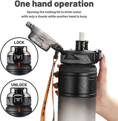 TKK Sports Water Bottles with Removable Straw 29 oz Leak-proof Flip Top Lid BPA Free Tritan Bottles with Strap for School, Fitness, Gym, Outdoor, Black-White