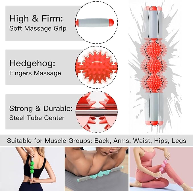 Fascia Muscle Roller, Cellulite Massager for Sore Muscles, Neck, Leg, Back - Pressure Trigger Point Body Deep Tissue Massage Stick Tools With 3 Massage Balls, Red