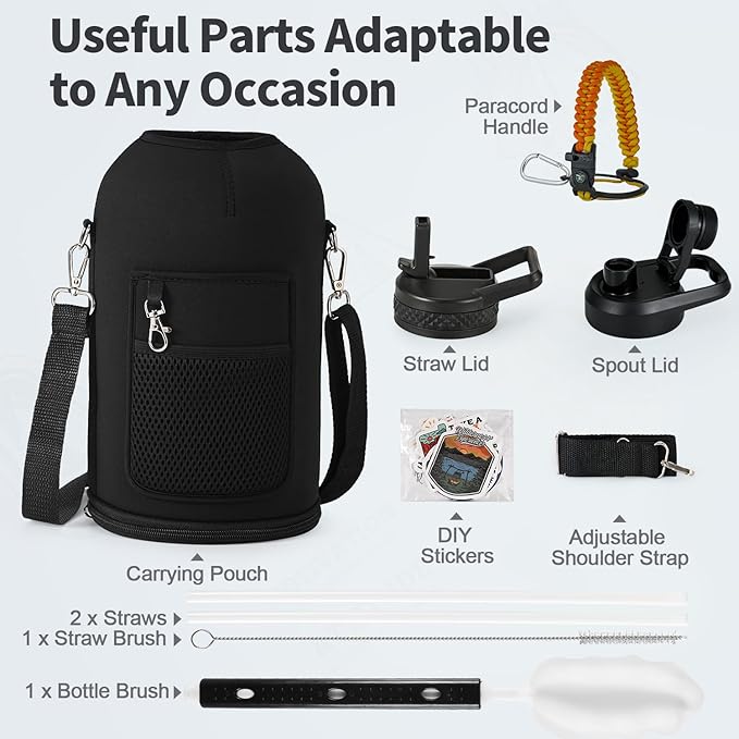 One Gallon Water Bottle Insulated, Triple Wall Vacuum Cold for 48 Hrs & Leak-proof & Non-BPA, 128oz Large Sports Stainless Steel Water Jug with Paracord Handle Straw Spout Lids & DIY Stickers