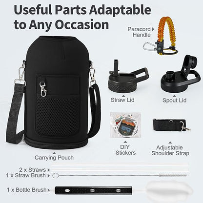 One Gallon Water Bottle Insulated, Triple Wall Vacuum Cold for 48 Hrs & Leak-proof & Non-BPA, 128oz Large Sports Stainless Steel Water Jug with Paracord Handle Straw Spout Lids & DIY Stickers