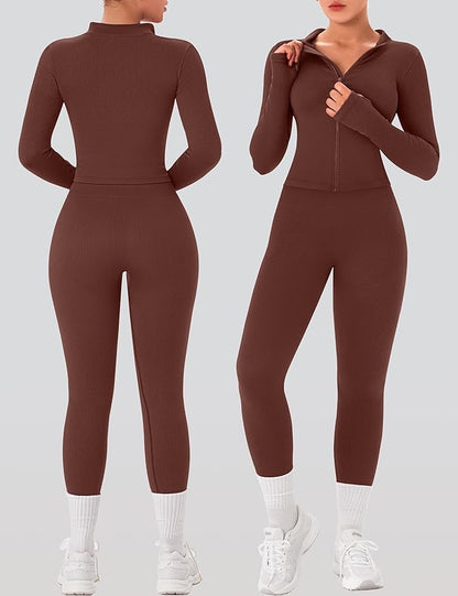 OLCHEE Womens Workout Sets 2 Piece Seamless Ribbed Long Sleeve Yoga Outfits High Waist Leggings Zipper Jacket Thumb Hole Gym