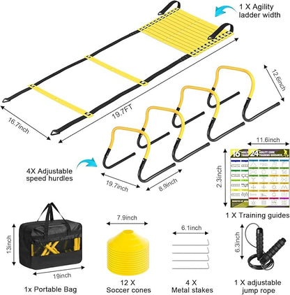 Agility Speed Training Equipment Set, Football Practise Set with 20ft Agility Ladder, 12 Cones, 4 Adjustable Hurdles, Jump Rope, for Basketball, Soccer Training, Football, Kids, Youth, Adults