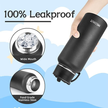 MEZMUT Insulated Water Bottle with Straw 32 oz Metal Water Bottle Leakproof Travel Stainless Steel Water Bottles Reusable Double Wall Gym Sports Cup Flask for Camping Hiking, Black