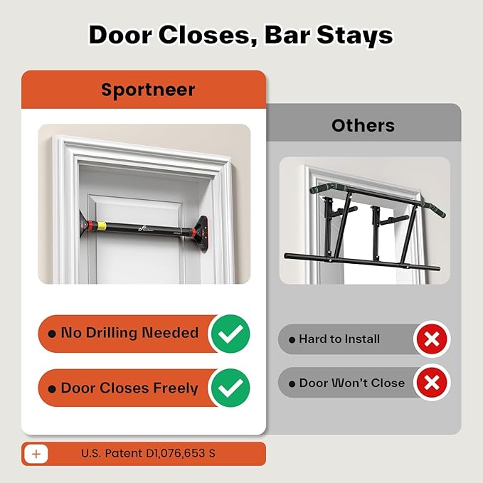 Pull Up Bar for Doorway: Sportneer Strength Training Pull-up Bars without Screw - Adjustable Width Locking Mechanism Chin Up Bar, Thickened Steel Max Limit 440 lbs Upper Body Fitness Pullup Bars for Home (Black-Red)