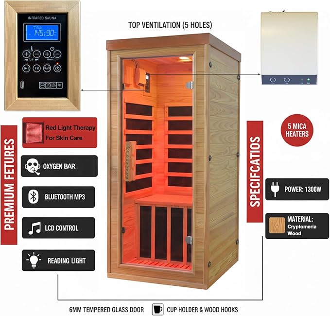Homsido Red Light Therapy Infrared Sauna for Home – 1300W 110V 1-Person Indoor Wood Sauna w/Carbon Crystal Heaters, Red Light Lamp, Post-Workout Recovery & Spa Relaxation, Gift for Women Men