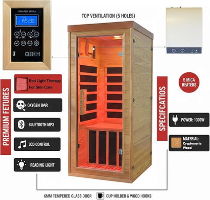Homsido Red Light Therapy Infrared Sauna for Home – 1300W 110V 1-Person Indoor Wood Sauna w/Carbon Crystal Heaters, Red Light Lamp, Post-Workout Recovery & Spa Relaxation, Gift for Women Men