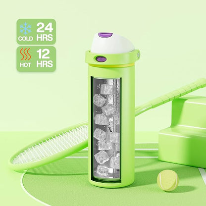 POWCAN 24 oz Insulated Water Bottle: 2-in-1 Push-Button Spout & Quick-Flip Straw, Leakproof, Cold 24Hrs, Lockable, Fits Car Cup Holder, Stainless Steel Cup for Sports, Travel, Daily Use (Scare School)