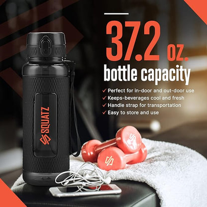 SQUATZ 24 Oz Poseidon Series Water Bottle for Protein and Fruit Shakes - Premium Quality Wide Mouth Gym Flask Fruit Infuser Strainer, Carrying Strap, Leak Resistance, No Condensation Sleeve,Black