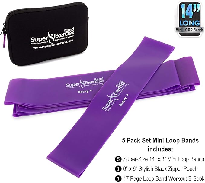 USA 14" x 3" Extra Long Latex Free Mini Loop Bands in 3, 5, 10 Pack Sets. 10 Strengths for Resistance Training, Stretching, Yoga, Toning. Plus an Exclusive iPhone App and E-Book.