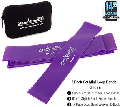 USA 14" x 3" Extra Long Latex Free Mini Loop Bands in 3, 5, 10 Pack Sets. 10 Strengths for Resistance Training, Stretching, Yoga, Toning. Plus an Exclusive iPhone App and E-Book.