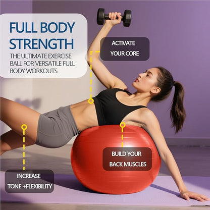 Exercise & Pilates Yoga Ball Anti-Burst and Slip Resistant - for Fitness, Pregnancy, Stability, Balance, Core Workout - Red Training Ball w/Quick Pump for Home Office Gym