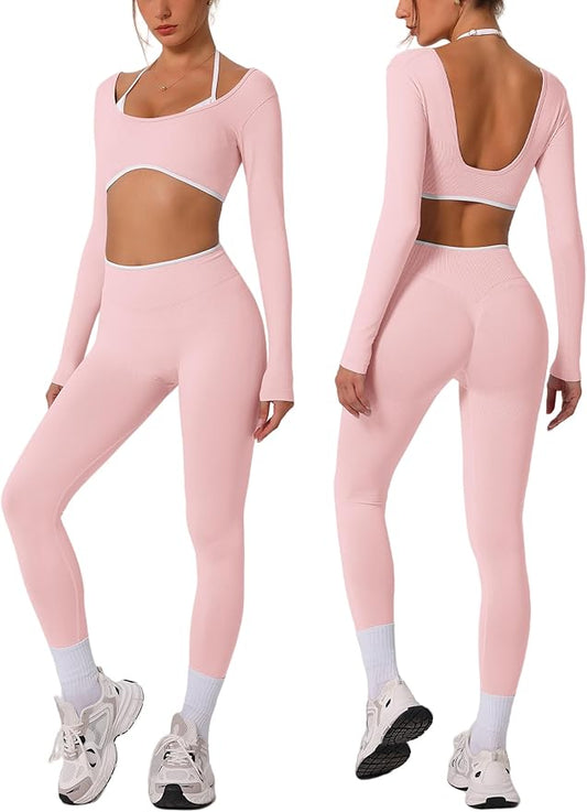 ABOCIW Workout Sets for Women Long Sleeve Crop Top Scrunch Butt Lifting High Waist Leggings 2 Piece Gym Yoga Outfits