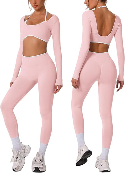 ABOCIW Workout Sets for Women Long Sleeve Crop Top Scrunch Butt Lifting High Waist Leggings 2 Piece Gym Yoga Outfits