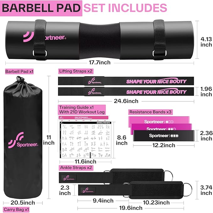 Sportneer Barbell Pad Set: 10 Pcs Squat Pad for Hip Thrusts, Lunges, Leg Day, Standard Olympic Bars with 2 Ankle Straps, 2 Lifting Straps, 3 Resistance Bands, Barbell Pad, Workout Poster and Carry Bag