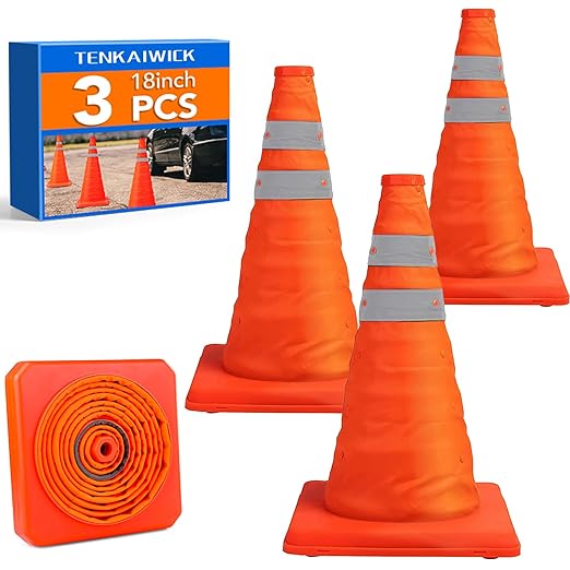 TENKAIWICK 18 Inch 3 Pack Traffic Cones, Collapsible Safety Cones, Multi Purpose Pop-up Cones with Reflective Collar, Orange Cones for Parking lot, Driveway, Driving Training etc