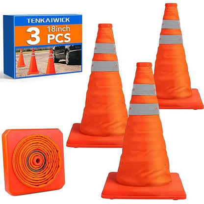 TENKAIWICK 18 Inch 3 Pack Traffic Cones, Collapsible Safety Cones, Multi Purpose Pop-up Cones with Reflective Collar, Orange Cones for Parking lot, Driveway, Driving Training etc